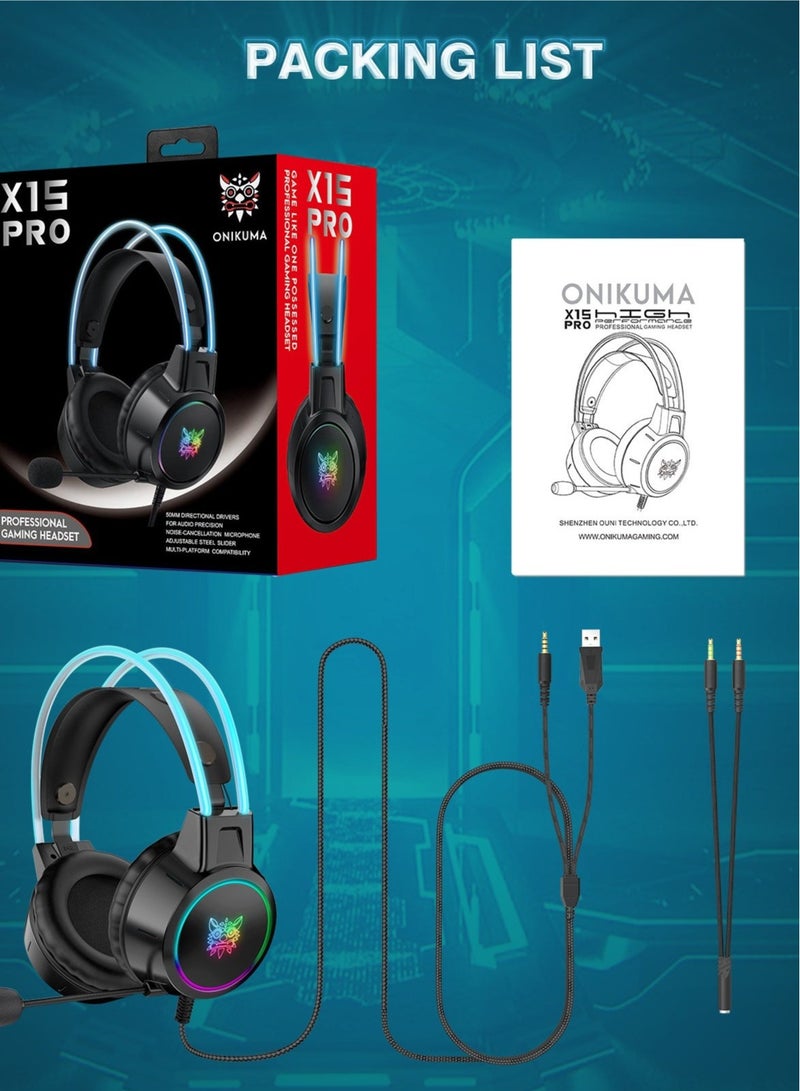 onikuma X15 Pro Wired Over-Ear Gaming Headphones with Mic and LED Light for PS4/PS5/XOne/XSeries/NSwitch/PC,Black - Image 5