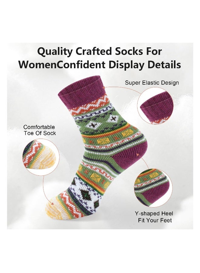 Wool Socks for Women, 5 Pairs Winter Warm Thick Crew Knit Socks Vintage Cozy Soft Lovely Nordic Cabin Gifts - Image 3