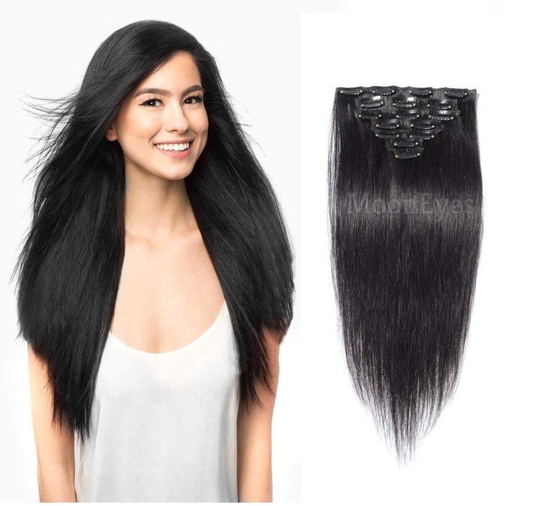 MoonEyes Straight Hair Extensions in High Temperature Synthetic Fiber in 24 inch16 Clips in 1 set For women and girls Black - Image 1