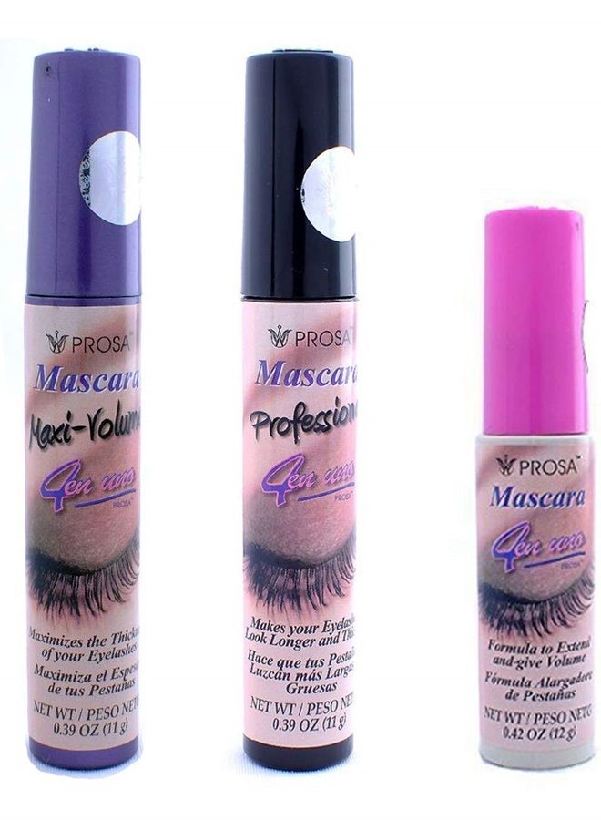 3 Pcs PROSA - PROFESIONAL Maxi Volumn Black MASCARA 4 IN 1 LONGER THICKER P1