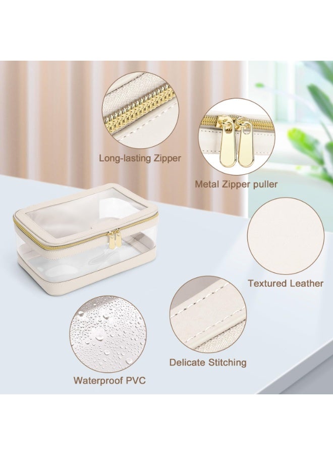 Clear Travel Makeup Organizer Set with Makeup Brush Bag, Waterproof PVC, White Leather Trim, Gold Zippers - Image 5