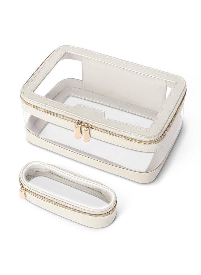 Clear Travel Makeup Organizer Set with Makeup Brush Bag, Waterproof PVC, White Leather Trim, Gold Zippers - Image 1