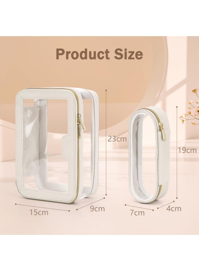 Clear Travel Makeup Organizer Set with Makeup Brush Bag, Waterproof PVC, White Leather Trim, Gold Zippers - Image 2