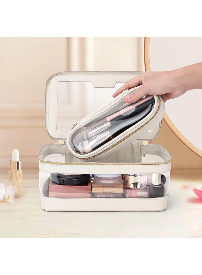 Clear Travel Makeup Organizer Set with Makeup Brush Bag, Waterproof PVC, White Leather Trim, Gold Zippers - Image 4