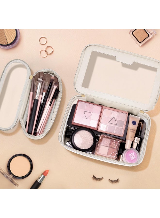 Clear Travel Makeup Organizer Set with Makeup Brush Bag, Waterproof PVC, White Leather Trim, Gold Zippers - Image 3