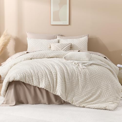 Andency King Size Comforter Set Beige, 3 Pieces Boho King Bedding Comforter Set Cream, All Season Soft Lightweight Tufted Textured Down Alternative Comforter Fluffy Bed Set - Image 2