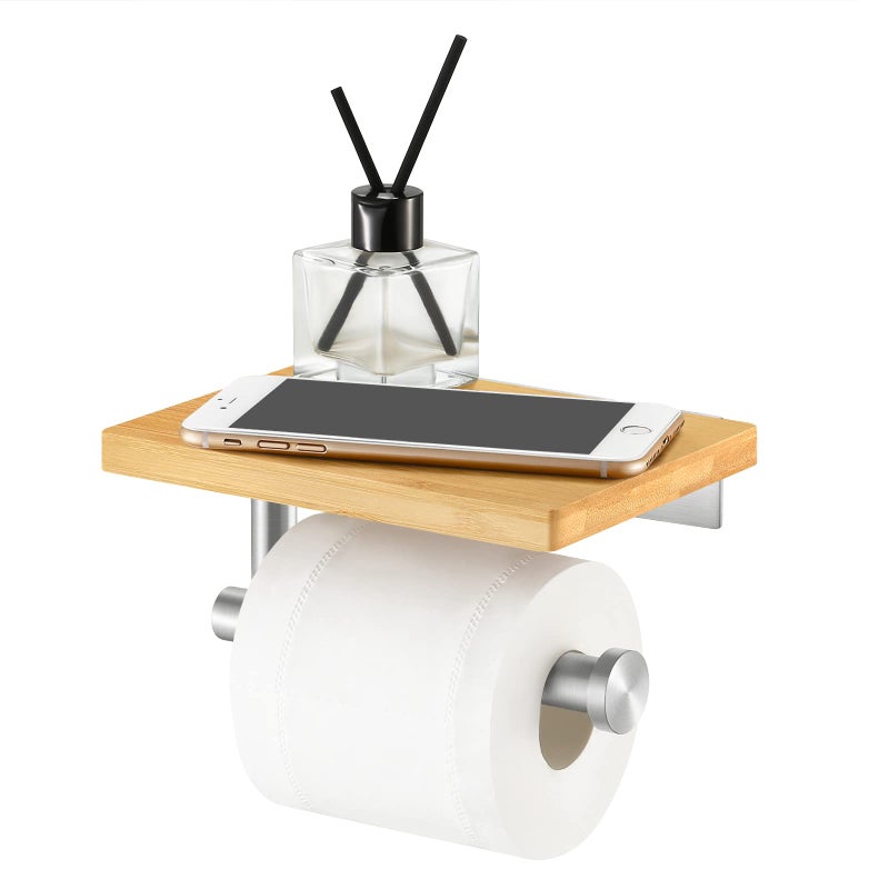 KES Toilet Paper Holder with Shelf Bathroom Toilet Paper Holder Bamboo Wall Mount SUS304 Stainless Steel Brushed Finish BPH220BA2