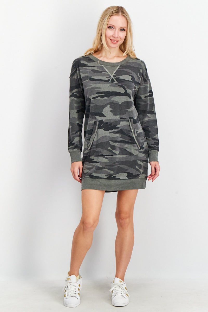 Splendid Women Camouflage Long Sleeves Sweatshirt Dress, Grey - Image 3