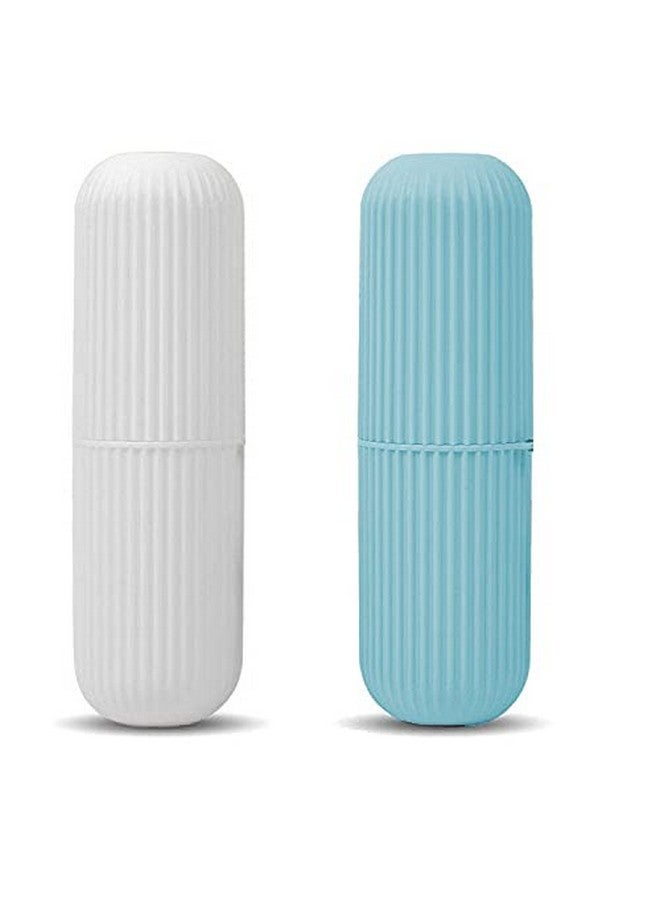 KBS Toothbrush Holder for Bathroom Capsule Shape Travel Toothbrush Case Cover Portable Storage Box Plastic (Blue-White)(Pack of-2) - Image 1