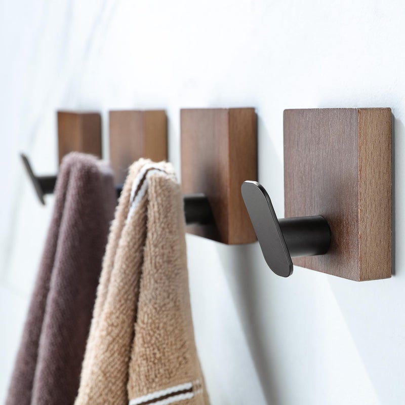DELITON Adhesive Towel HooksWall Hooks for bathrooms Without Drilling Wood Wall Hooks for Hanging Robe Towel Bag Stick on Farmhouse Bathroom Bedroom Entryway 4 Packs Burned Brown