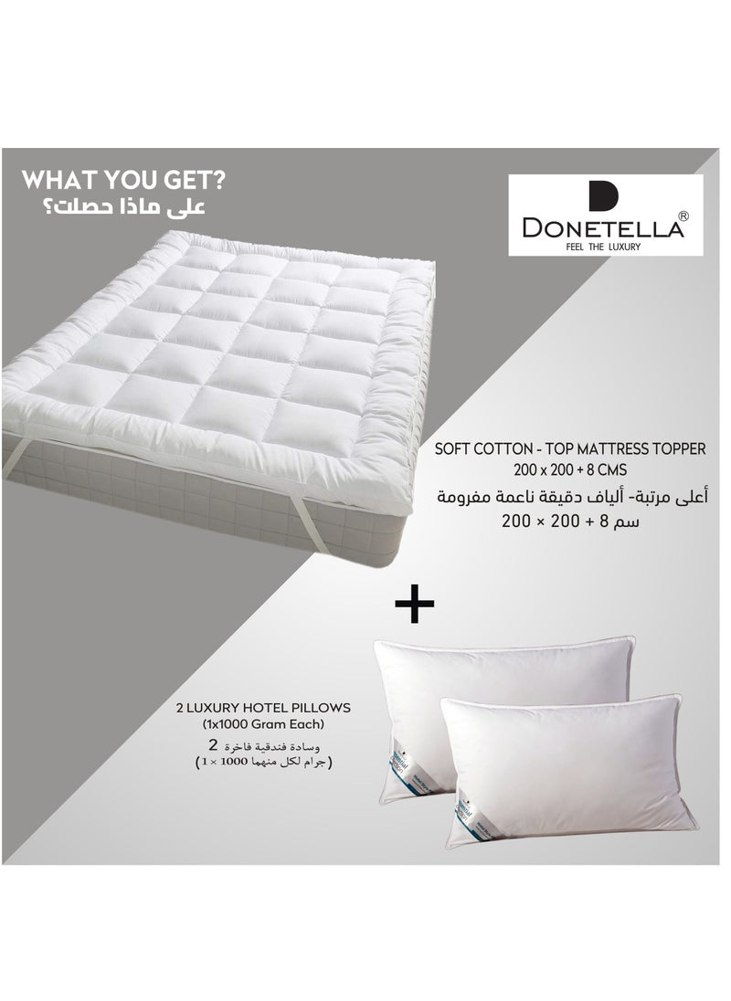 Donetella Combo Pack of 200x200+8 CMS Hotel Mattress Felt (1000GSM) + 2 Pillows (1000gram each), King Size, Cotton Fabric Topper, Soft & Comfortable Pillow, White  - Image 1