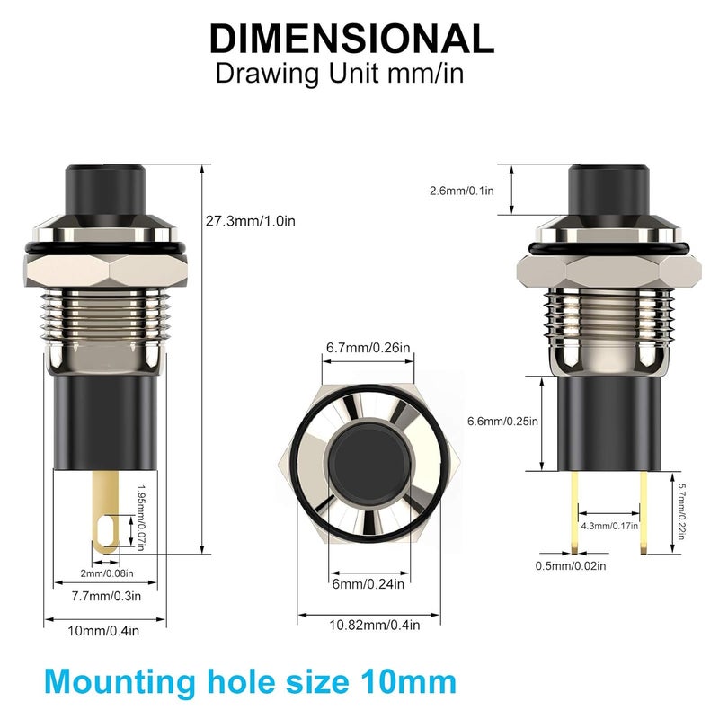DIYhz Push Button Switch, Self-Locking Mini Switches Latching 10mm Round DC24V 0.5A Black Cap 5PCS - Image 2