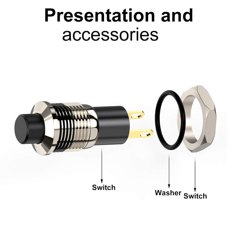 DIYhz Push Button Switch, Self-Locking Mini Switches Latching 10mm Round DC24V 0.5A Black Cap 5PCS - Image 3