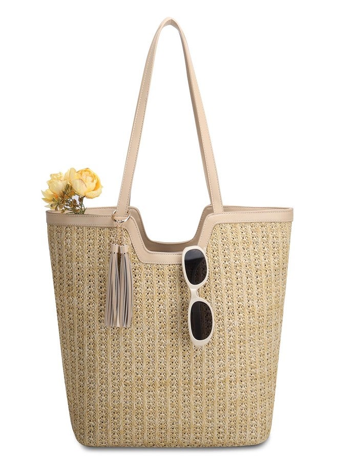 فاشي حقيبة شاطئ من القش من فاشي للنساء، حقيبة يد صيفية أنيقة وعصرية من الرافيا المحبوكة بالكروشيه، مناسبة للسفر والعطلات، لون بيج. - Image 1