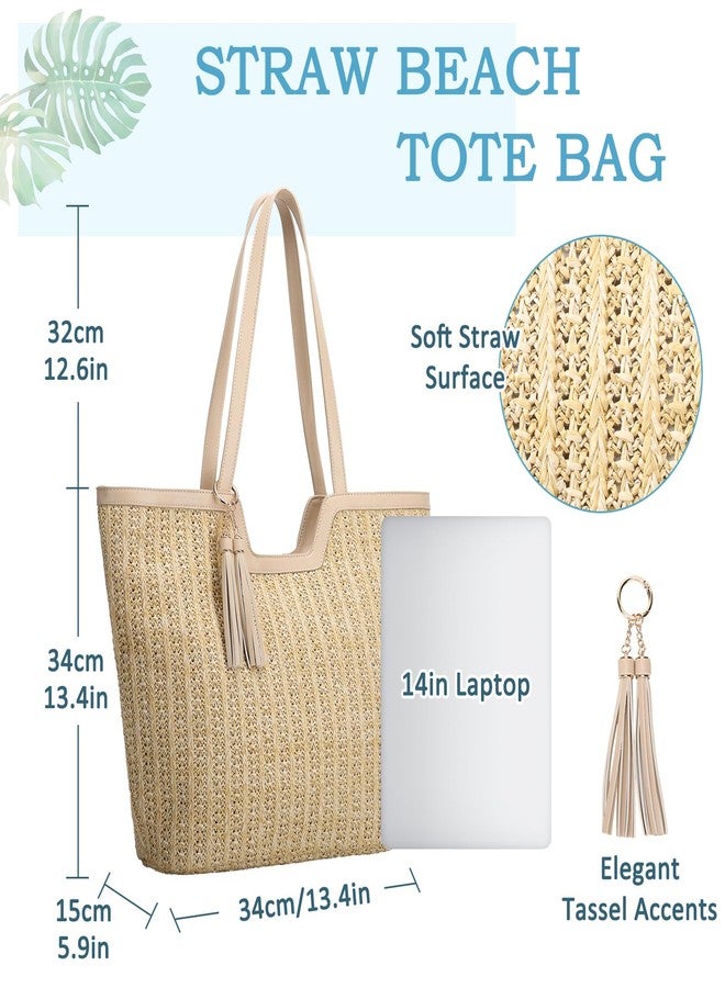 فاشي حقيبة شاطئ من القش من فاشي للنساء، حقيبة يد صيفية أنيقة وعصرية من الرافيا المحبوكة بالكروشيه، مناسبة للسفر والعطلات، لون بيج. - Image 2