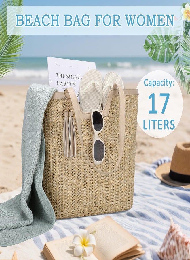 فاشي حقيبة شاطئ من القش من فاشي للنساء، حقيبة يد صيفية أنيقة وعصرية من الرافيا المحبوكة بالكروشيه، مناسبة للسفر والعطلات، لون بيج. - Image 3