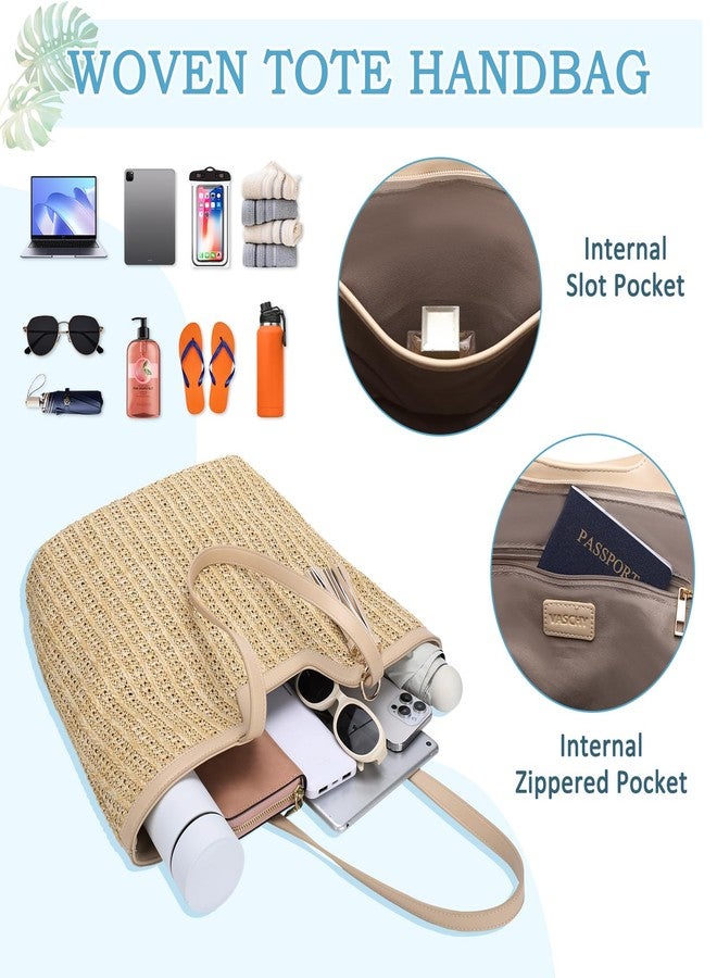 فاشي حقيبة شاطئ من القش من فاشي للنساء، حقيبة يد صيفية أنيقة وعصرية من الرافيا المحبوكة بالكروشيه، مناسبة للسفر والعطلات، لون بيج. - Image 4