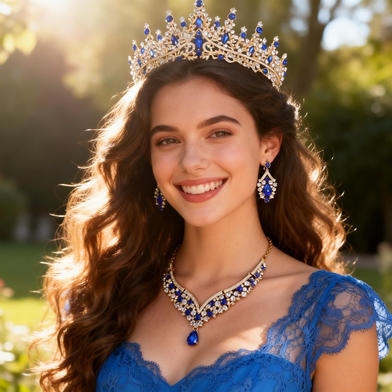Kamirola Tiaras and Crowns for Women,Tiaras Earrings Necklace, Crystal Bridal Jewelry Set, Costume Party Halloween Prom Pageant Jewelry for Women(TR28) (Gold & Blue) - Image 4