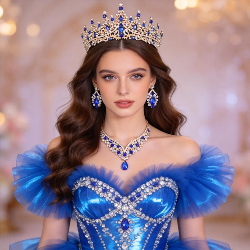 Kamirola Tiaras and Crowns for Women,Tiaras Earrings Necklace, Crystal Bridal Jewelry Set, Costume Party Halloween Prom Pageant Jewelry for Women(TR28) (Gold & Blue) - Image 3