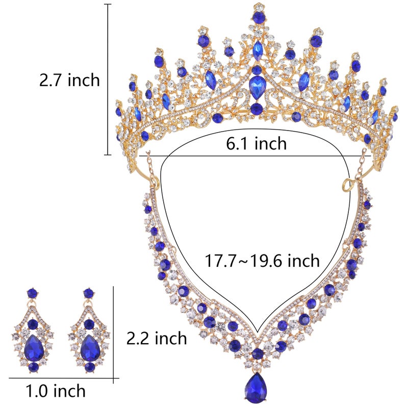 Kamirola Tiaras and Crowns for Women,Tiaras Earrings Necklace, Crystal Bridal Jewelry Set, Costume Party Halloween Prom Pageant Jewelry for Women(TR28) (Gold & Blue) - Image 5
