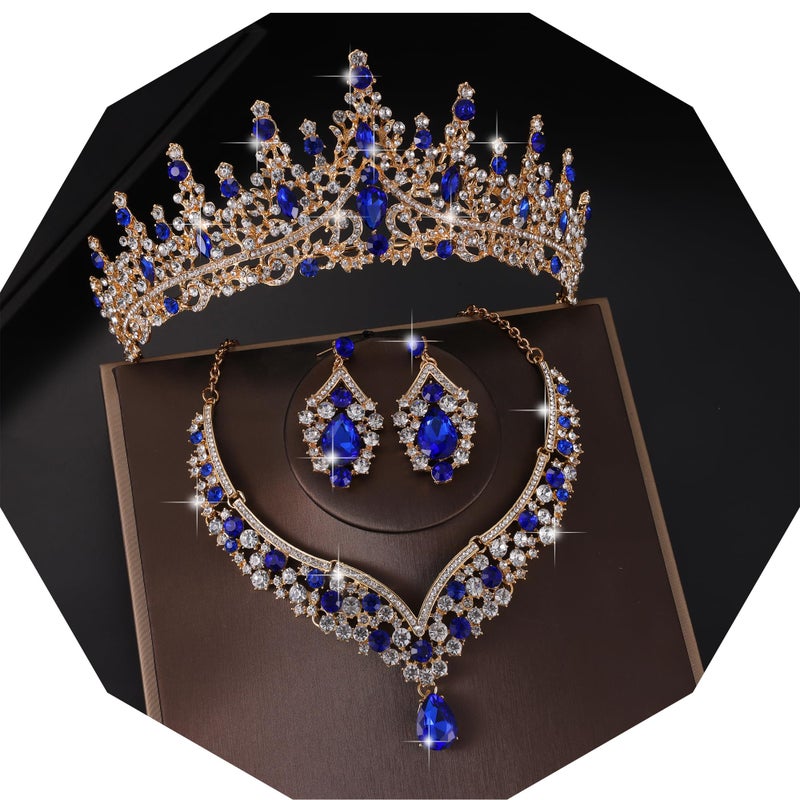 Kamirola Tiaras and Crowns for Women,Tiaras Earrings Necklace, Crystal Bridal Jewelry Set, Costume Party Halloween Prom Pageant Jewelry for Women(TR28) (Gold & Blue) - Image 1