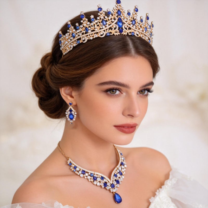 Kamirola Tiaras and Crowns for Women,Tiaras Earrings Necklace, Crystal Bridal Jewelry Set, Costume Party Halloween Prom Pageant Jewelry for Women(TR28) (Gold & Blue) - Image 2