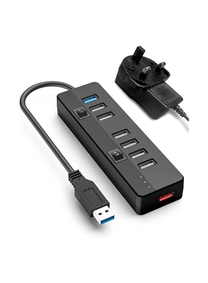 USB 3.0 Hub Powered With 10W Power Adapter,1 Port USB 3.0+ 6 Port USB 2.0 Data Hub Portable USB Splitter with Individual On/Off Switches for Mouse, Keyboard, Hard Drive and More USB Devices