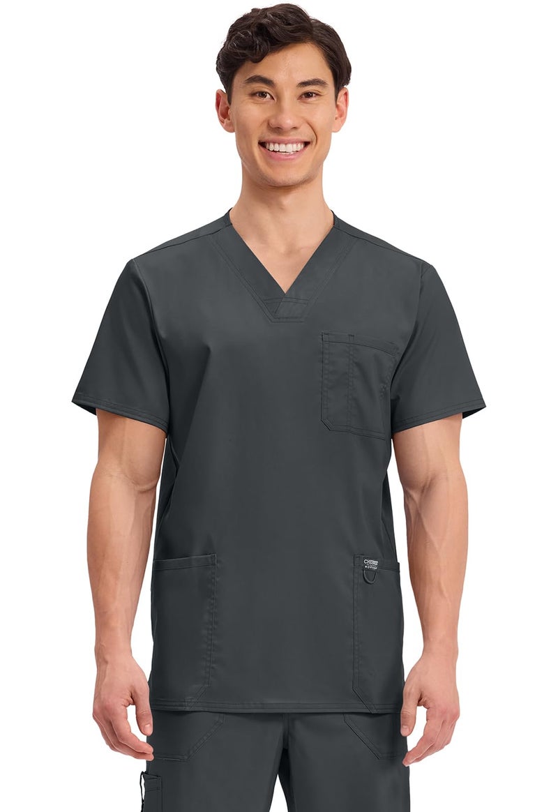 Cherokee Scrub top for Men V-Neck with 3 Pockets, Knit Details, Soft, Durable, Breathable, 2-Way Stretch Fabric Plus Size - WW670, 2XL, Black