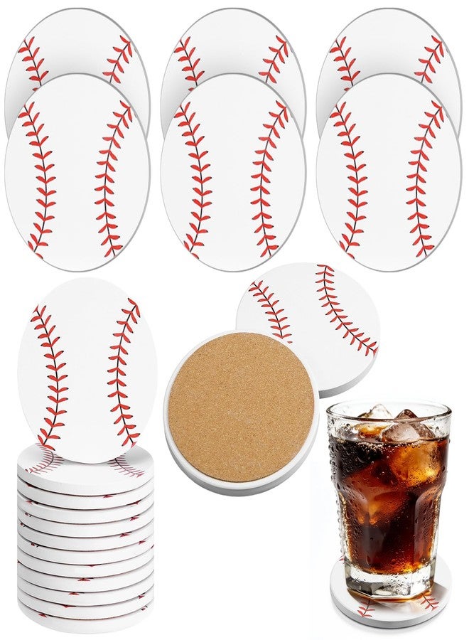 FoldTier 12 Pcs Baseball Drink Coasters 4 Inch Round Ceramic Drink Coasters with Absorbent Cork Backing Table Protection Fun Sports Gifts for Baseball Team Fans Coaches Party Favors(White) - Image 1
