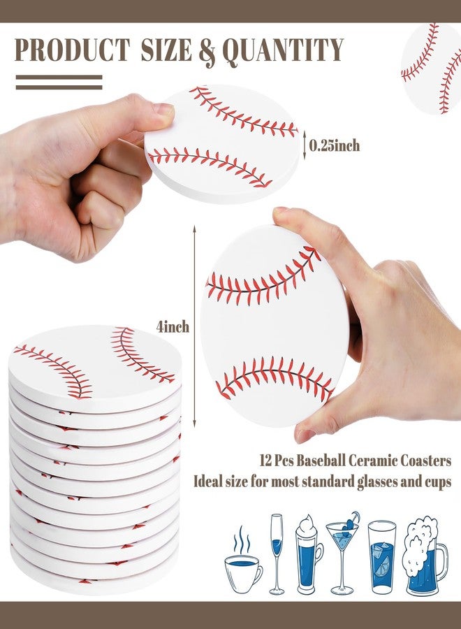 FoldTier 12 Pcs Baseball Drink Coasters 4 Inch Round Ceramic Drink Coasters with Absorbent Cork Backing Table Protection Fun Sports Gifts for Baseball Team Fans Coaches Party Favors(White) - Image 2
