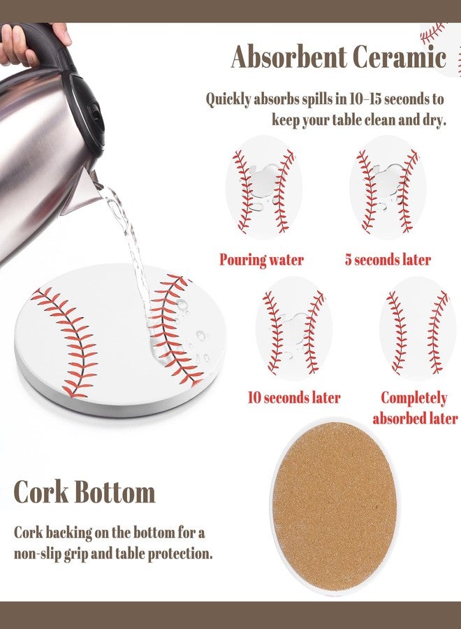 FoldTier 12 Pcs Baseball Drink Coasters 4 Inch Round Ceramic Drink Coasters with Absorbent Cork Backing Table Protection Fun Sports Gifts for Baseball Team Fans Coaches Party Favors(White) - Image 4