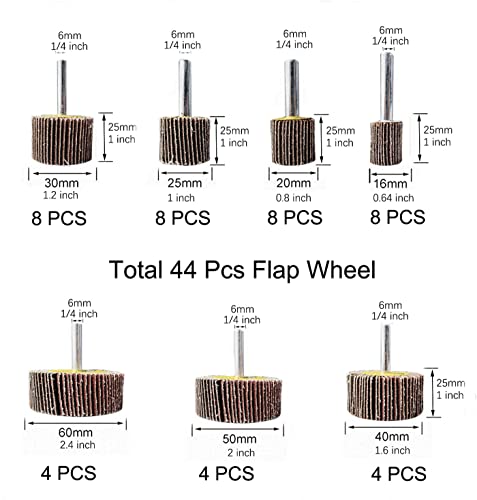 Tonmp 44 Pack 7 Size 80 Grit 1/4" Abrasive Flap Wheel Sander Set, Aluminum Oxide Flap Wheels Cylindrical Shape Sanding Wheel-1/4 Shank Fits All Drills - Image 2