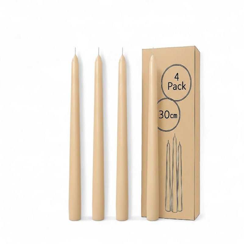 4 Taper Candles – 12-Hour Burn Time Each – 30 cm Tall – Dripless – Smokeless – Fits All Candle Holders – Clean, Even Burning – Perfect for Home Décor | Total Weight: 300gm (Beige, Medium, 30cm)