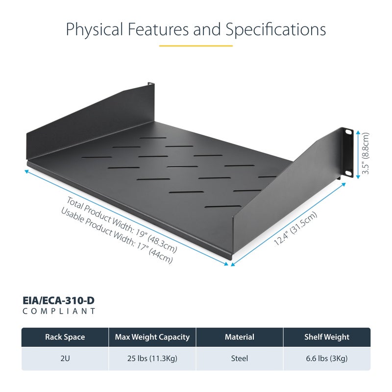 StarTech.com 2U Rack Shelf, 12" Mounting Depth, Vented Cantilever Tray for 19" AV/Network Equipment, 25lb Capacity, for Small Office/Home Office - Image 5
