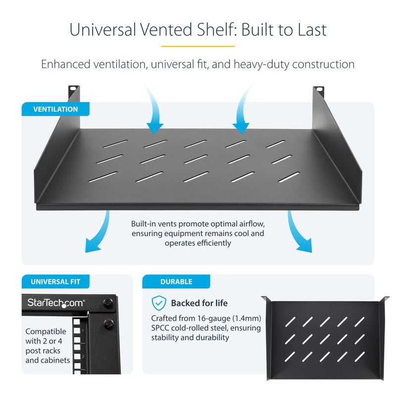 StarTech.com 2U Rack Shelf, 12" Mounting Depth, Vented Cantilever Tray for 19" AV/Network Equipment, 25lb Capacity, for Small Office/Home Office - Image 3
