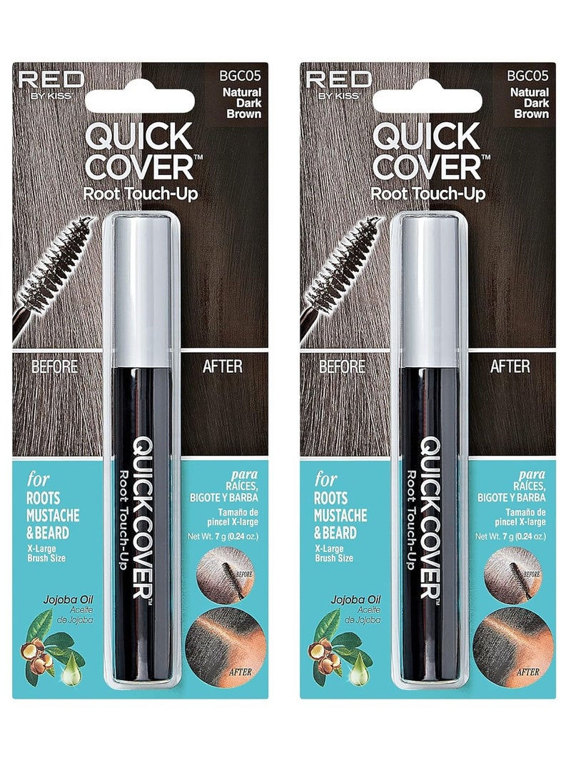 KISS RED by Kiss Quick Cover Root Touch Up Rescue, Mascara Natural Water-Resistant Temporary Gray Concealer Cover Up Brush for Hair Mustache & Beard (Natural Dark Brown) (2Pcs)  - Image 1