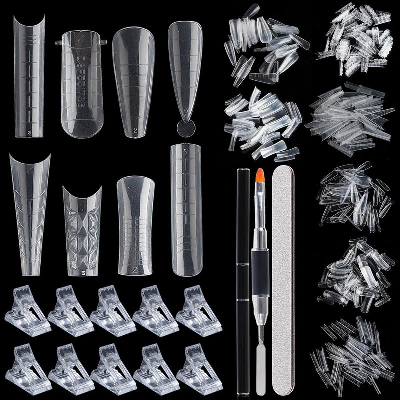 Fcozpjk Dual Nail Form Kit, 480pcs Dual Forms for Polygel Stiletto Coffin Ballerina Extension Forms 10pcs Clear Clips With Gel Brush Pen Nails Files Buffer Nail Extension Kit for Beginner - Image 1