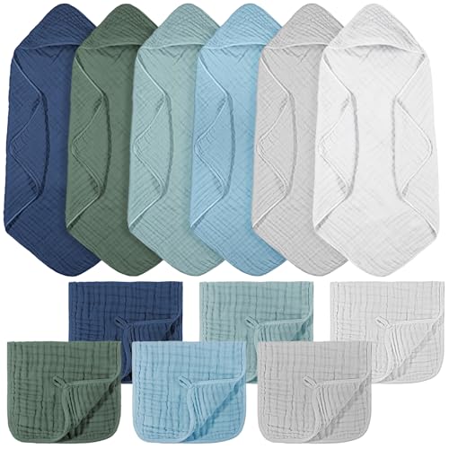 VitalCozy 12 Pcs Baby Muslin Hooded Bath Towels and Washcloths Muslin Hooded Baby Towels Absorbent Blankets for Gift Newborn Infant Shower Green Blue Gray - Image 1