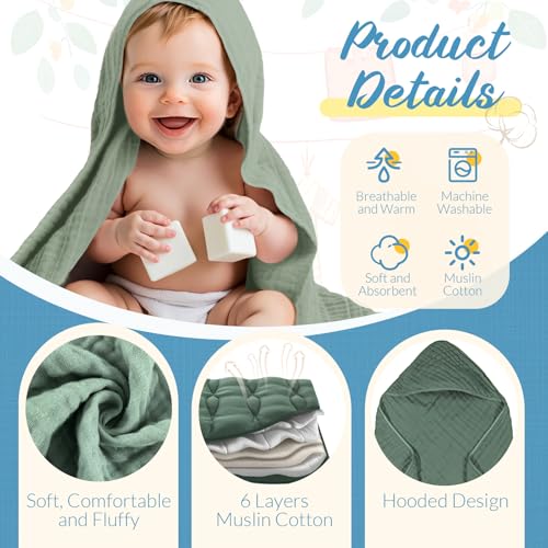 VitalCozy 12 Pcs Baby Muslin Hooded Bath Towels and Washcloths Muslin Hooded Baby Towels Absorbent Blankets for Gift Newborn Infant Shower Green Blue Gray - Image 3