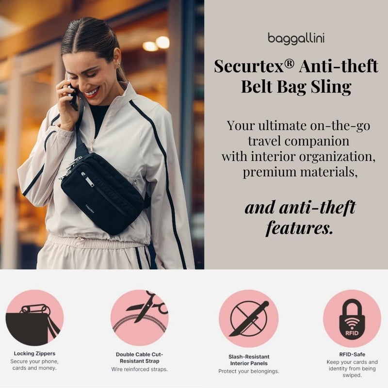 Baggallini Securtex Anti-theft Belt Bag 8.8"x5.5" Crossbody Fanny Pack for Women RFID Wallet Locking Zipper Travel Purse - Image 2
