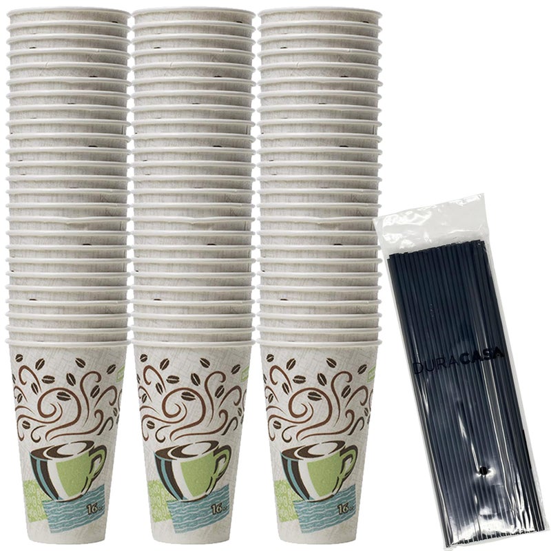 DuraCasa DuraCasa Straws and Dixie PerfecTouch Insulated Paper Hot Cup 75 Count 16 oz Coffee Cups and DrinkingStirring Stick Bundle 16 oz 75 Cups 75 Straws
