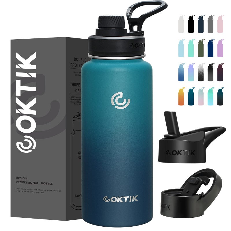 COKTIK 32 oz Sports Water Bottle With Straw,2 Lids, Stainless Steel Vacuum Insulated Water Bottles,Leakproof Lightweight, Keeps Cold and Hot, Great for Travel, Hiking, Biking, Running (Dark Night) - Image 1