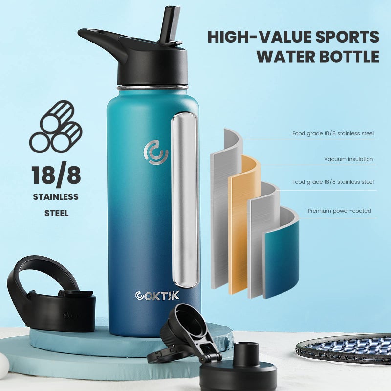 COKTIK 32 oz Sports Water Bottle With Straw,2 Lids, Stainless Steel Vacuum Insulated Water Bottles,Leakproof Lightweight, Keeps Cold and Hot, Great for Travel, Hiking, Biking, Running (Dark Night) - Image 2
