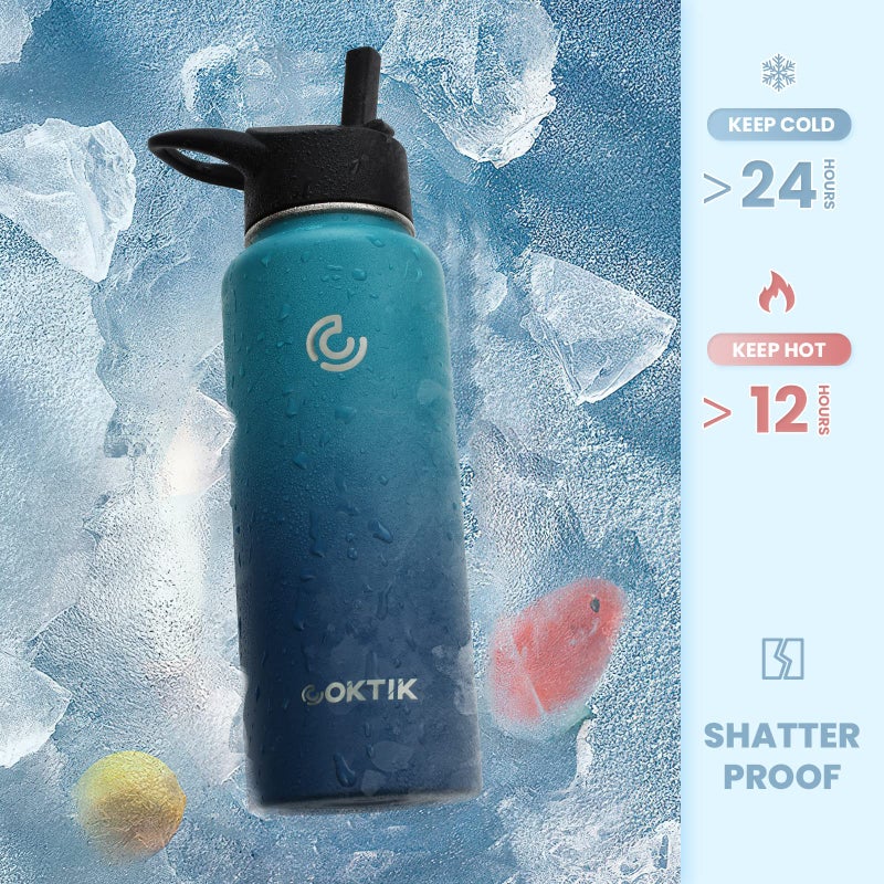 COKTIK 32 oz Sports Water Bottle With Straw,2 Lids, Stainless Steel Vacuum Insulated Water Bottles,Leakproof Lightweight, Keeps Cold and Hot, Great for Travel, Hiking, Biking, Running (Dark Night) - Image 3