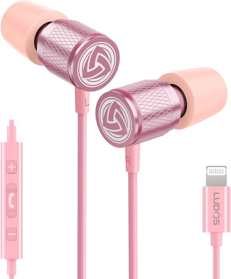 LUDOS Ultra iPhone Wired Headphones Earbuds Earphones with Lightning Connector Apple MFi Certified, 5 Years Warranty, for iPhone 14 13 12 11 Pro Max X XS XR 8 7 Plus with Microphone Control - Pink - Image 1