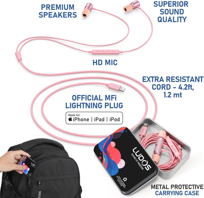LUDOS Ultra iPhone Wired Headphones Earbuds Earphones with Lightning Connector Apple MFi Certified, 5 Years Warranty, for iPhone 14 13 12 11 Pro Max X XS XR 8 7 Plus with Microphone Control - Pink - Image 2