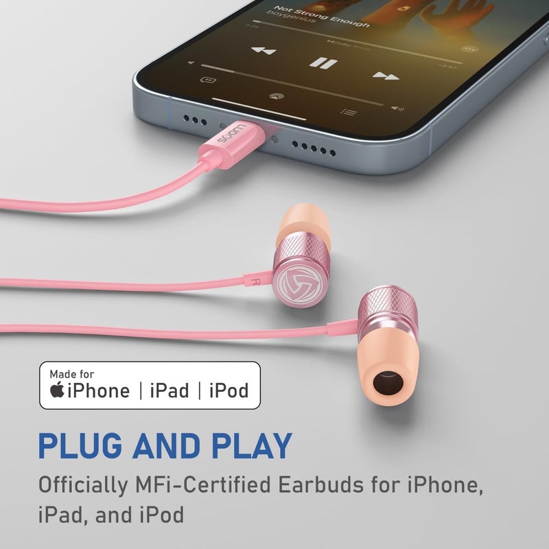 LUDOS Ultra iPhone Wired Headphones Earbuds Earphones with Lightning Connector Apple MFi Certified, 5 Years Warranty, for iPhone 14 13 12 11 Pro Max X XS XR 8 7 Plus with Microphone Control - Pink - Image 5