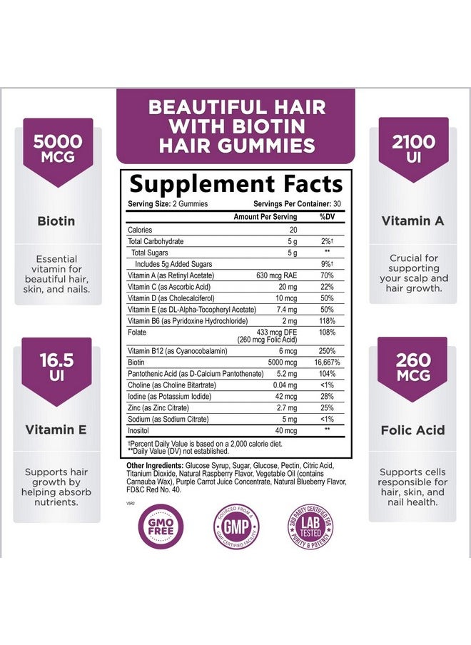 Nature's Choice - Hair Vitamins Gummies With Biotin 5000 Mcg Vitamin E & C Support Hair Growth Premium Vegetarian Nongmo For Stronger Beautiful Hair Skin & Nails Gummy Red Berry Supplement 60 Gummy Bears - Image 1