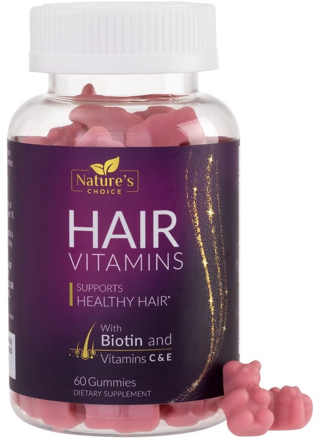 Nature's Choice - Hair Vitamins Gummies With Biotin 5000 Mcg Vitamin E & C Support Hair Growth Premium Vegetarian Nongmo For Stronger Beautiful Hair Skin & Nails Gummy Red Berry Supplement 60 Gummy Bears - Image 1