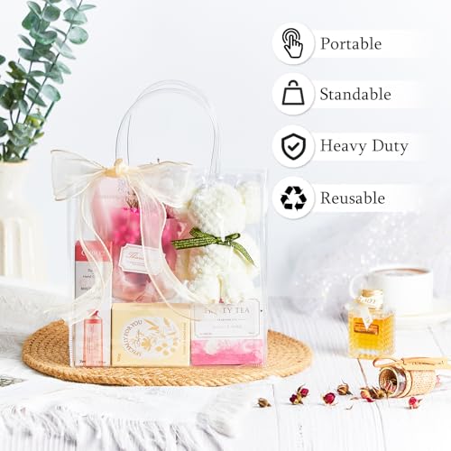 Ohuimrt 50 PCS Clear Plastic Gift Bags with Handles, 7.87 x 7.87 x 3.15 Inches Reusable Party Favor Bags with Ribbon Transparent Gift Wrap Bags Bulk for Weddings Birthdays - Image 4